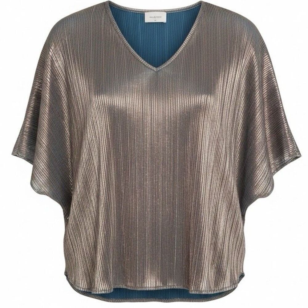 Adrienne Boutique Blouse Silver Metallic Shirt Short  Sleeve Size Small Flowy